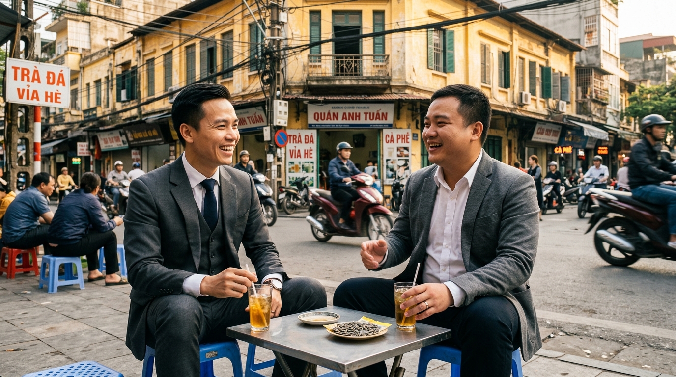 Hưng và Hiếu uống trà đá vỉa hè Hà Nội